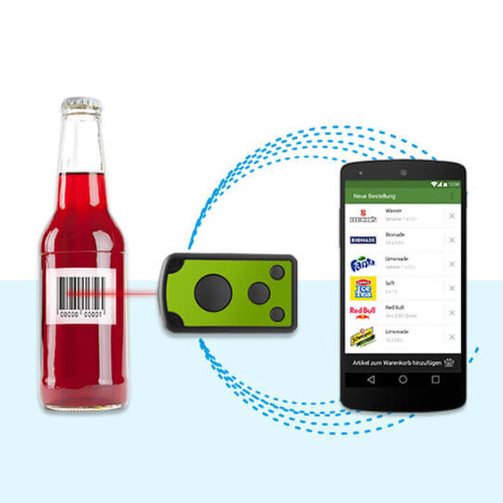 Grafische Darstellung wie das Gerät zum Smart Scanning zwischen Produkt, hier Flasche mit Barcode, und Handy funktioniert.